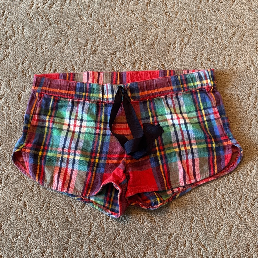Aerie Red and Green Athletic Shorts with Plaid Pattern